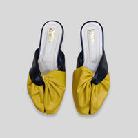 Bold Yellow & Black Twist-Front Flats – Elegant Open-Toe Design