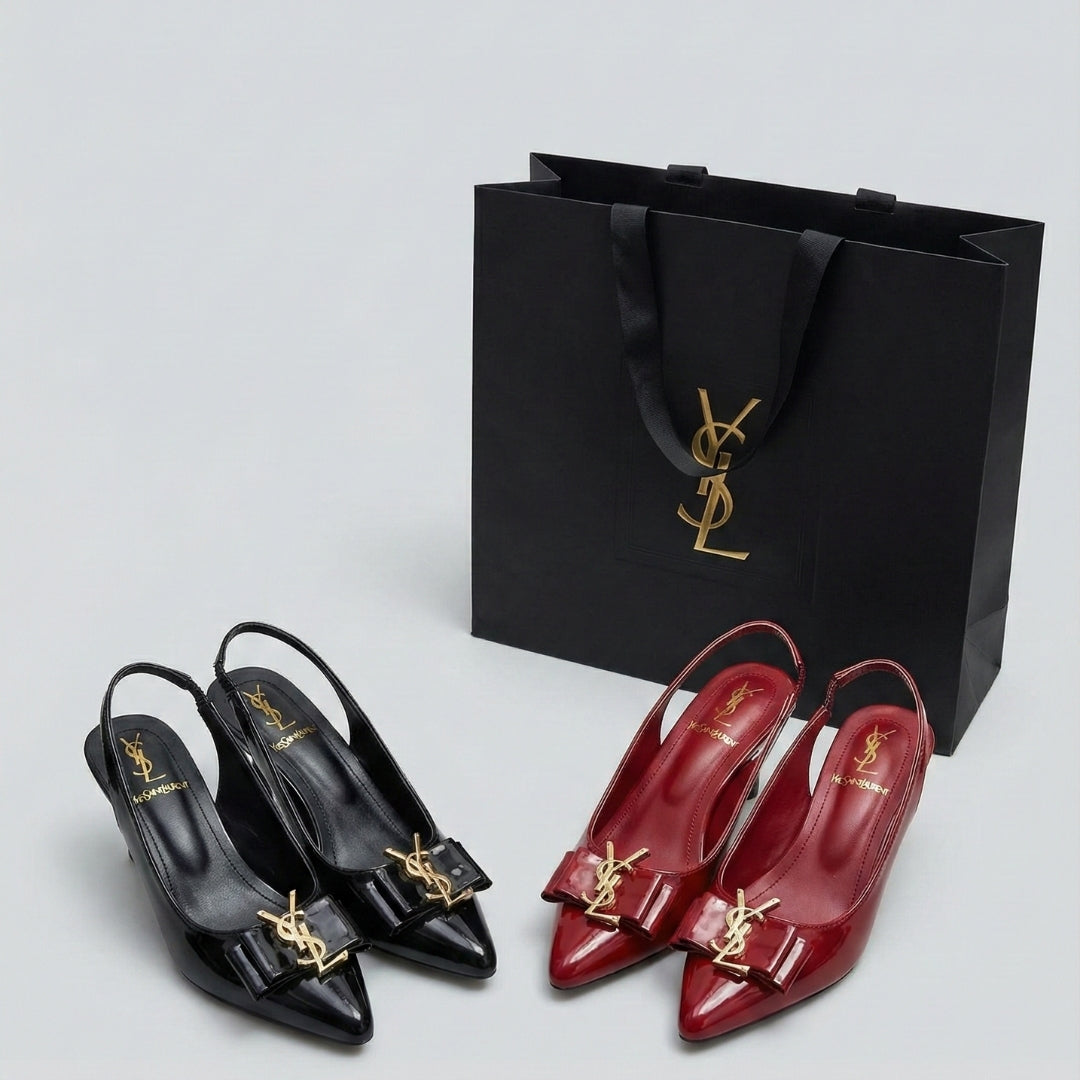 Women’s Premium Mehroon Patent Slingback Heels – Elegant Bow Detail with Gold Accent