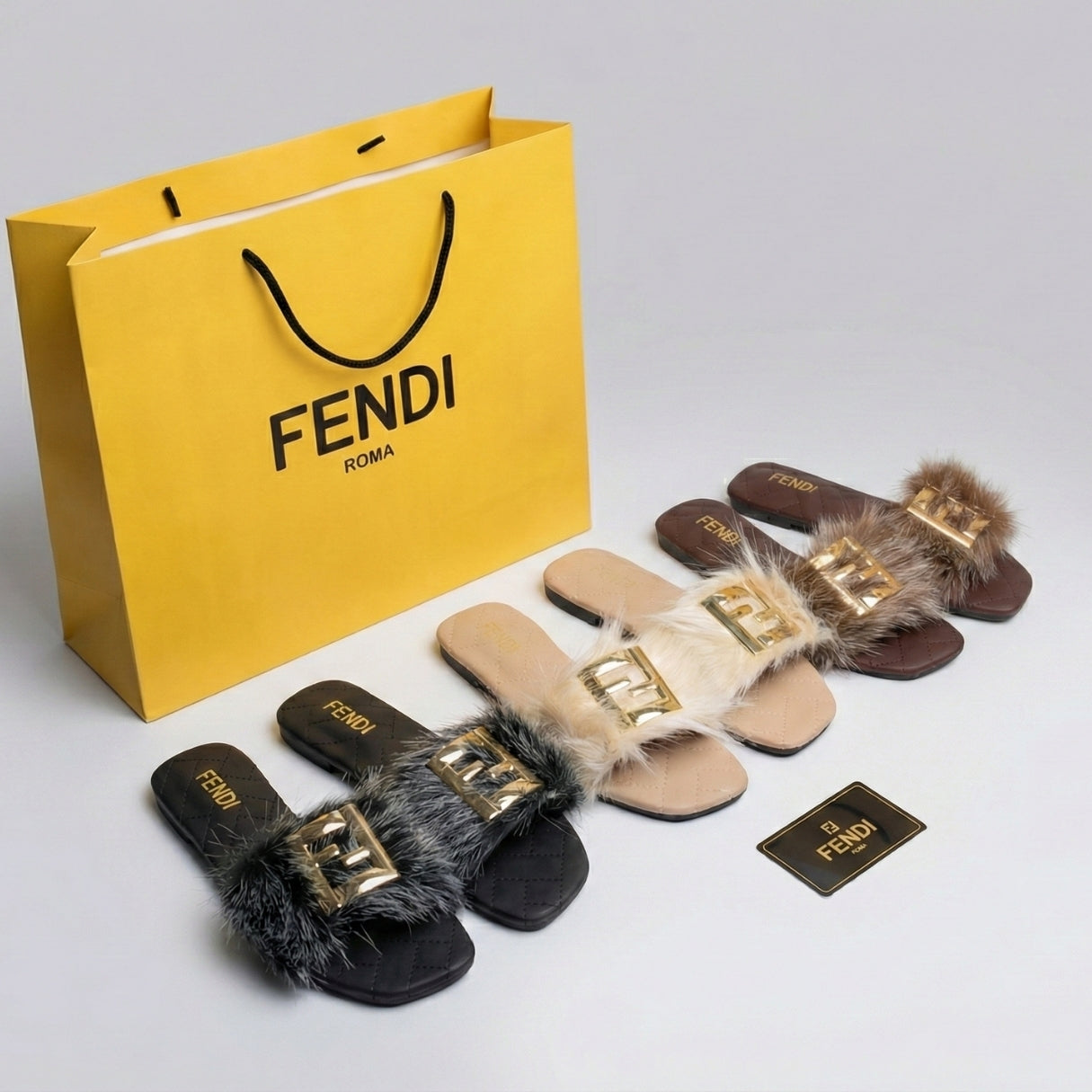 F-en-di Inspired Luxury Fur Slides – Women’s Premium Soft Indoor/Outdoor Slippers Brown