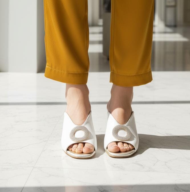 Elegant White Heart-Heel Slip-On Sandals for Women – Gold Detail Luxury Design