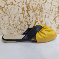 Bold Yellow & Black Twist-Front Flats – Elegant Open-Toe Design
