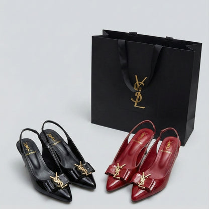 Women’s Premium Mehroon Patent Slingback Heels – Elegant Bow Detail with Gold Accent