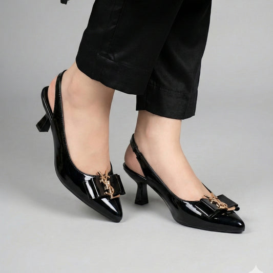 Women’s Premium Black Patent Slingback Heels – Elegant Bow Detail with Gold Accent