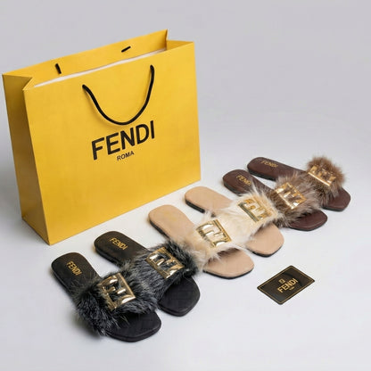 F-en-di Inspired Luxury Fur Slides – Women’s Premium Soft Indoor/Outdoor Slippers Brown