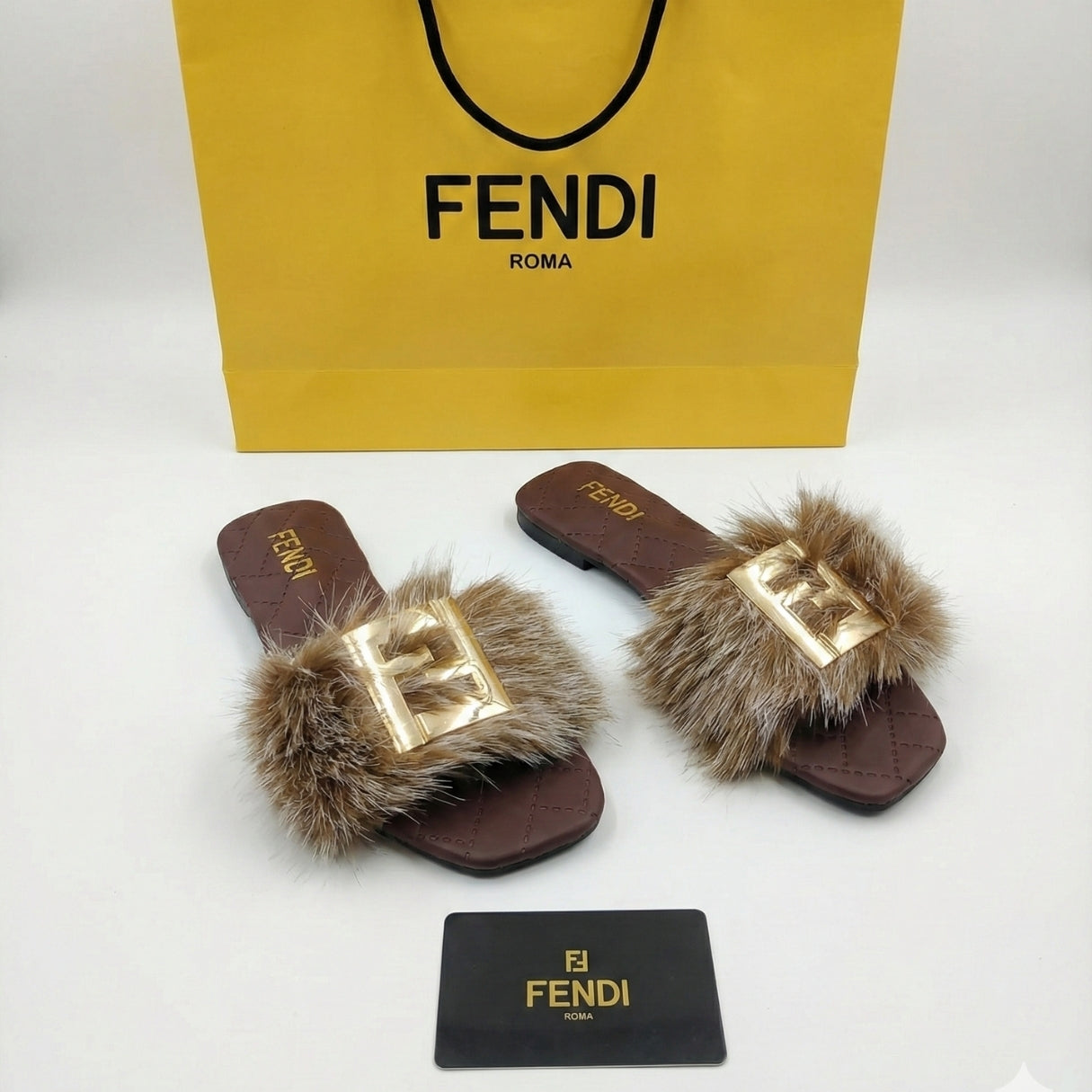 F-en-di Inspired Luxury Fur Slides – Women’s Premium Soft Indoor/Outdoor Slippers Brown
