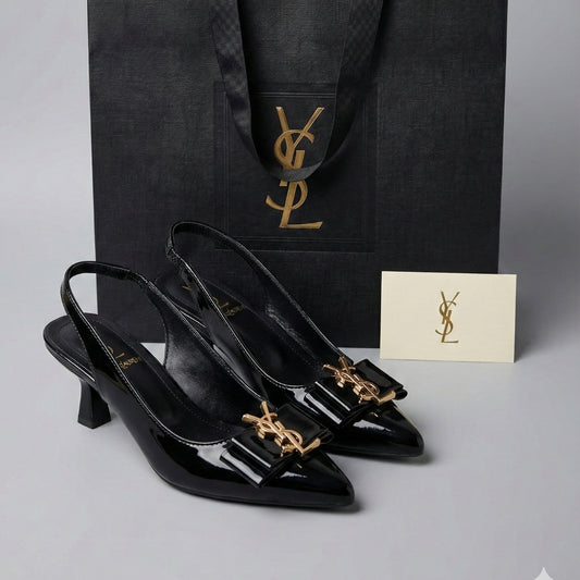 Women’s Premium Black Patent Slingback Heels – Elegant Bow Detail with Gold Accent