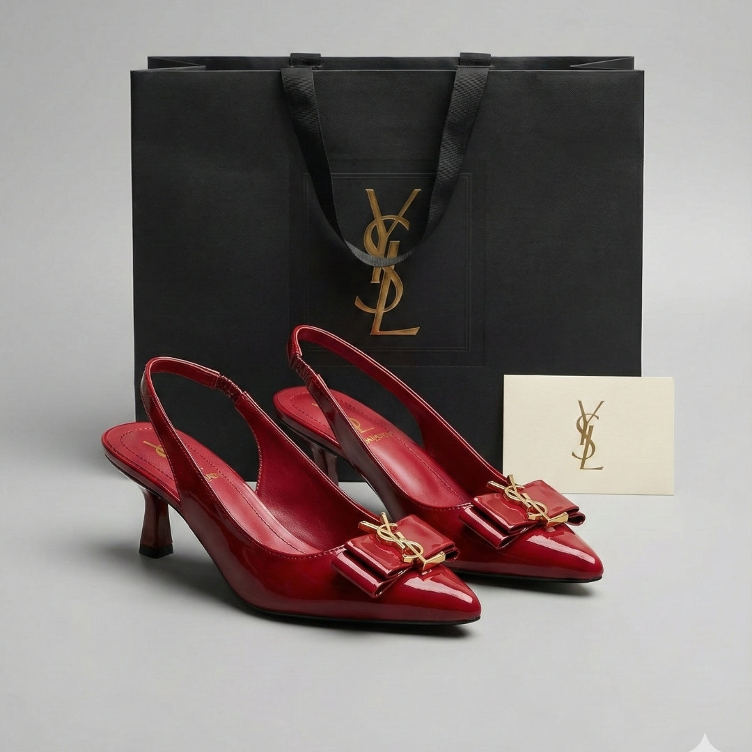 Women’s Premium Mehroon Patent Slingback Heels – Elegant Bow Detail with Gold Accent