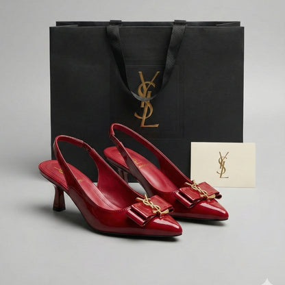 Women’s Premium Mehroon Patent Slingback Heels – Elegant Bow Detail with Gold Accent
