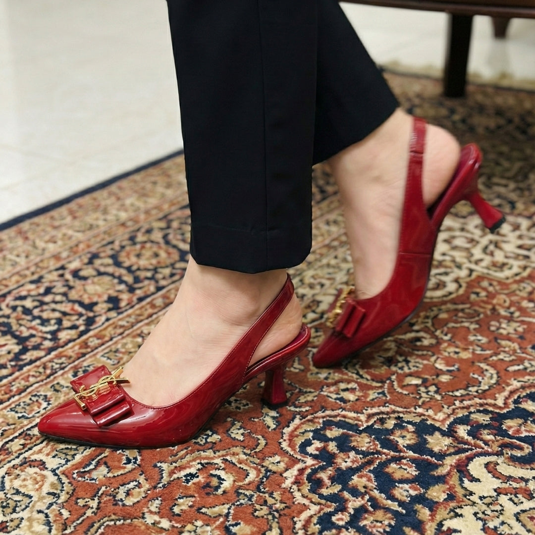 Women’s Premium Mehroon Patent Slingback Heels – Elegant Bow Detail with Gold Accent
