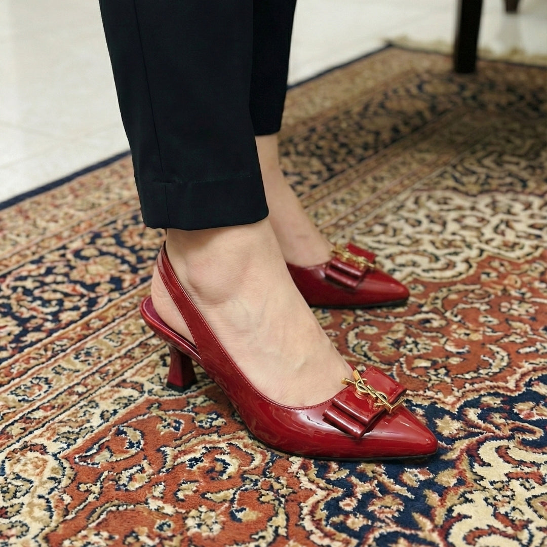 Women’s Premium Mehroon Patent Slingback Heels – Elegant Bow Detail with Gold Accent