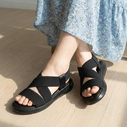 Wedges Heel With Stone Mesh Soft Sole Black Cross Strap Medicated Sandals