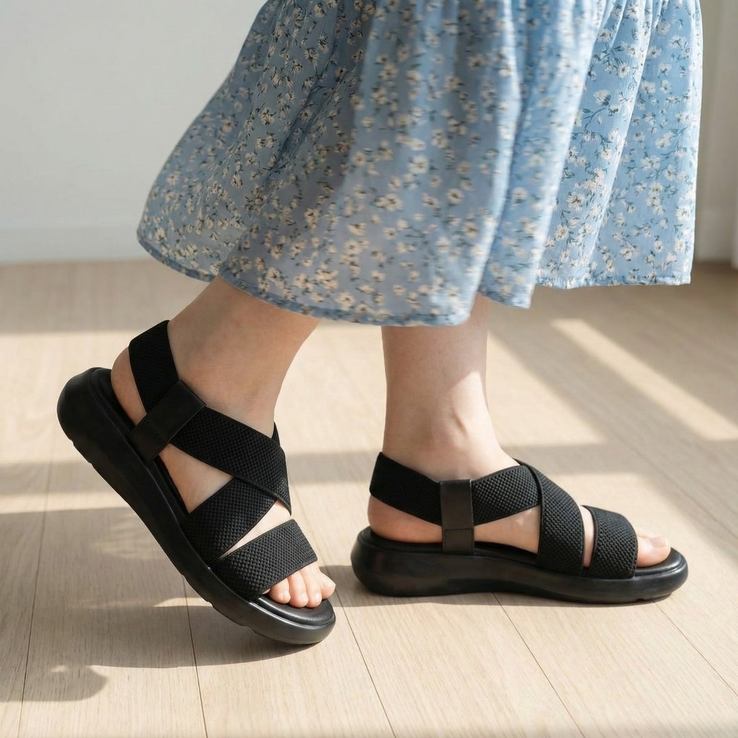 Wedges Heel With Stone Mesh Soft Sole Black Cross Strap Medicated Sandals