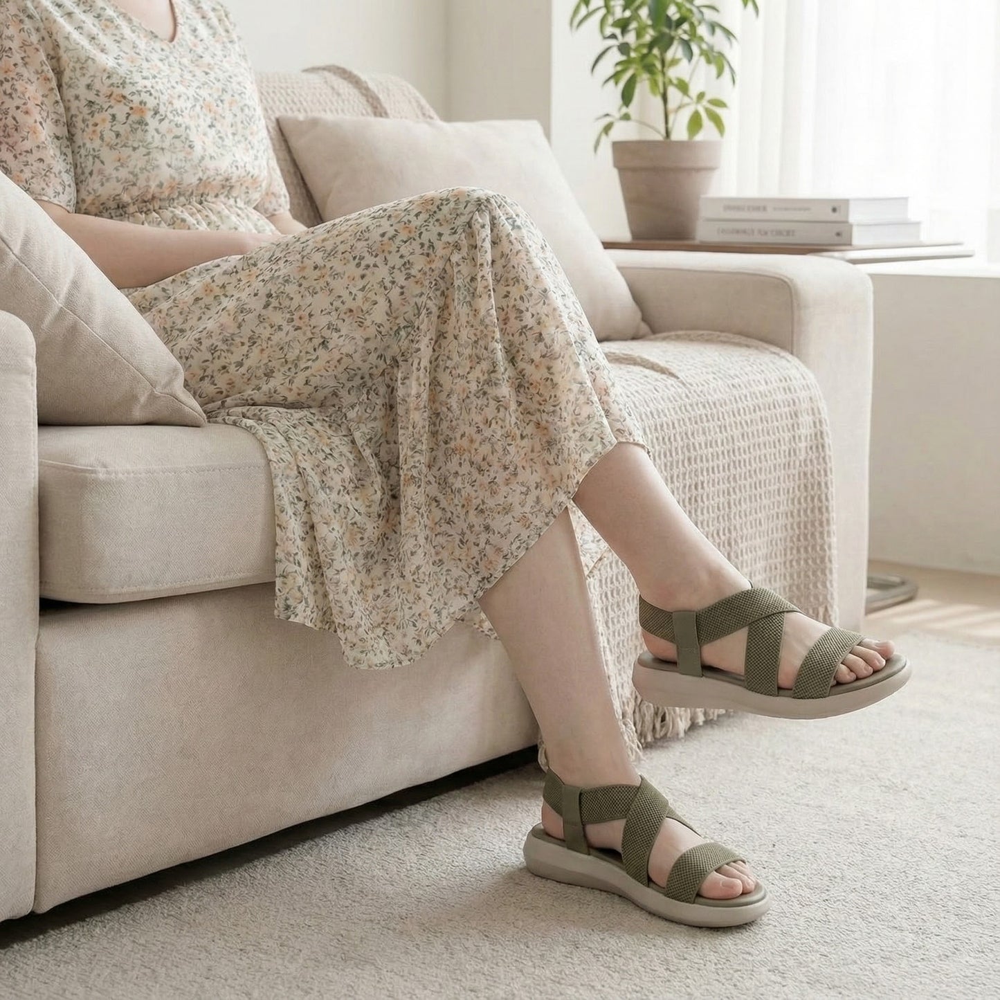 Wedges Heel With Stone Mesh Soft Sole Light Brown Cross Strap Medicated Sandals
