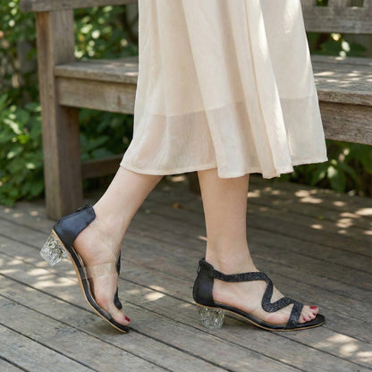 Chic Black Strappy Sandals with Glitter Sparkle