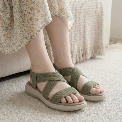 Wedges Heel With Stone Mesh Soft Sole Light Brown Cross Strap Medicated Sandals