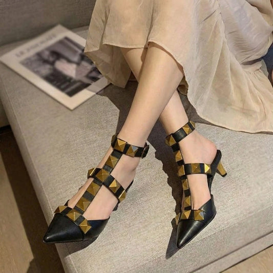 Black Valentino Garavani Roman Stud Ballet in Calfskin Heels Sandal