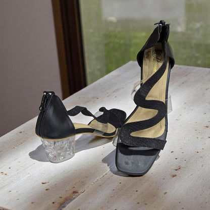 Chic Black Strappy Sandals with Glitter Sparkle