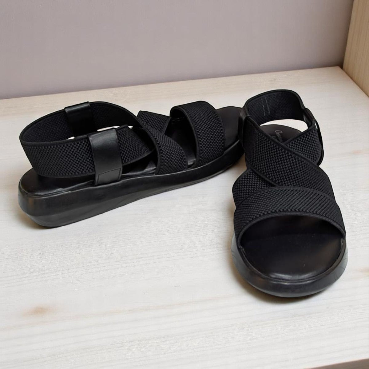 Wedges Heel With Stone Mesh Soft Sole Black Cross Strap Medicated Sandals