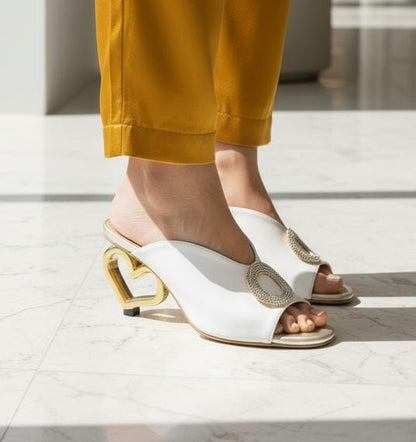 Elegant White Heart-Heel Slip-On Sandals for Women – Gold Detail Luxury Design
