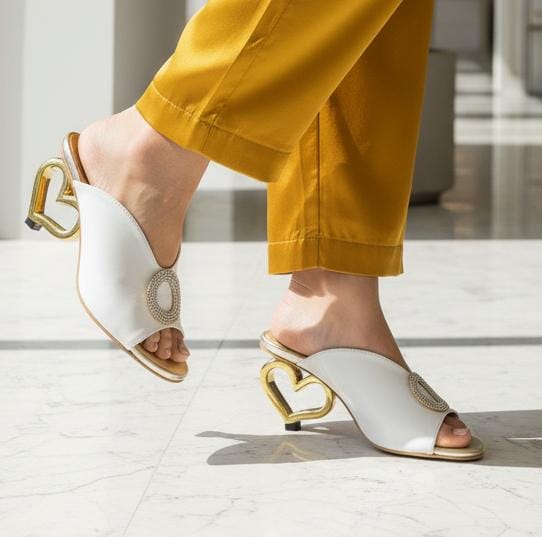 Elegant White Heart-Heel Slip-On Sandals for Women – Gold Detail Luxury Design