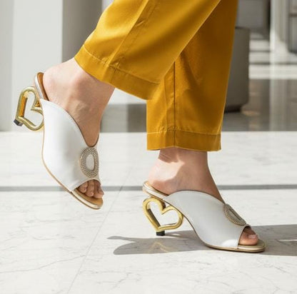 Elegant White Heart-Heel Slip-On Sandals for Women – Gold Detail Luxury Design