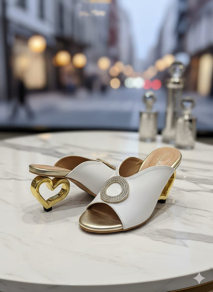 Elegant White Heart-Heel Slip-On Sandals for Women – Gold Detail Luxury Design