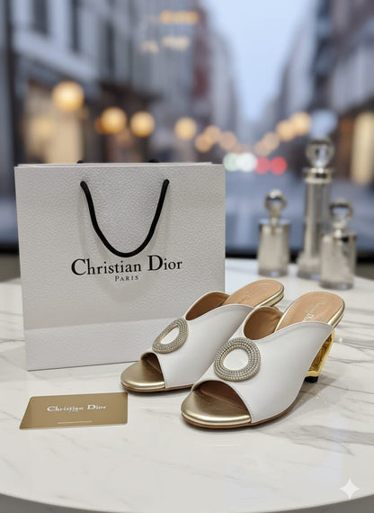 Elegant White Heart-Heel Slip-On Sandals for Women – Gold Detail Luxury Design