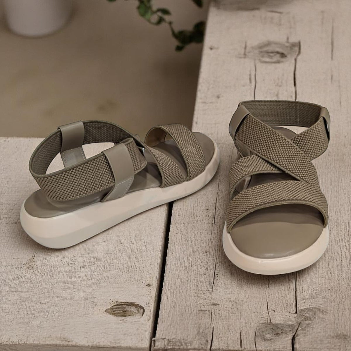 Wedges Heel With Stone Mesh Soft Sole Light Brown Cross Strap Medicated Sandals