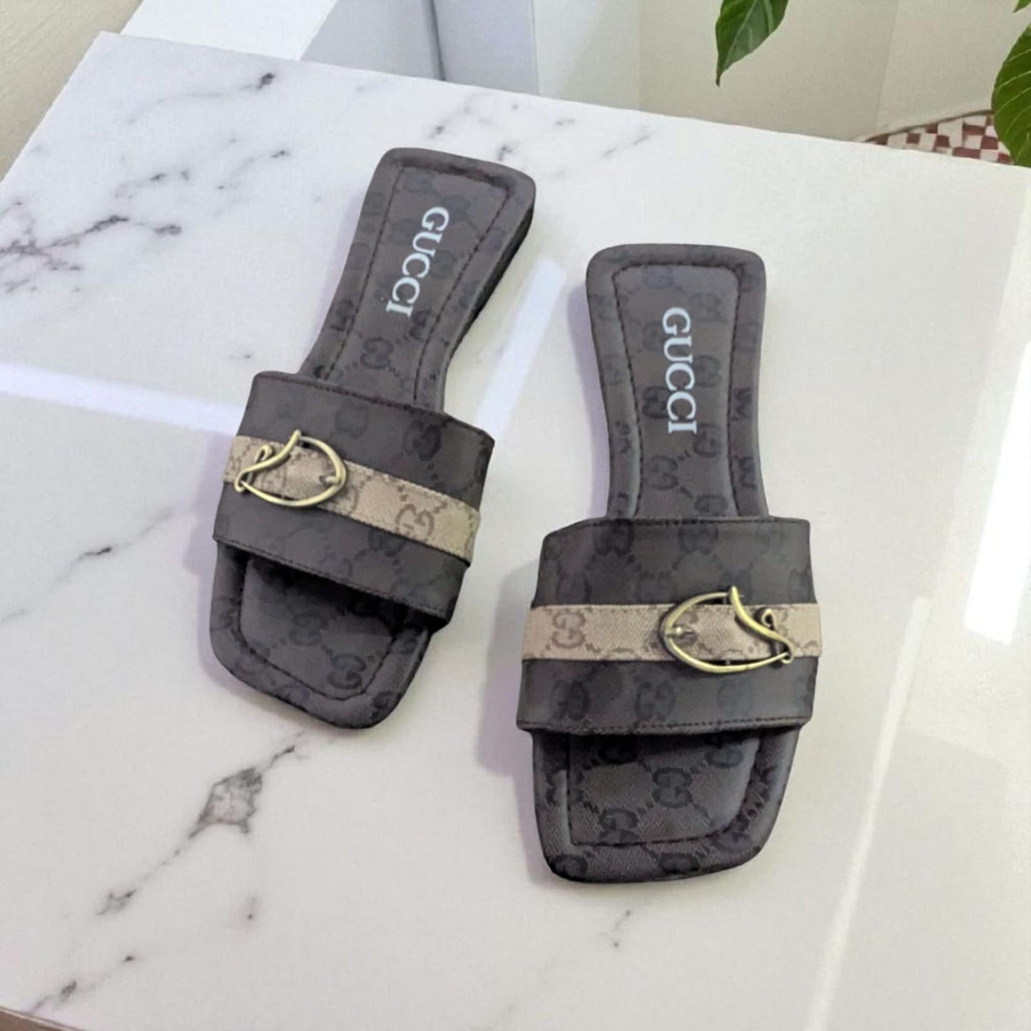 Luxury Monogram Flat Slides for Women – Dark Edition with Signature Buckle