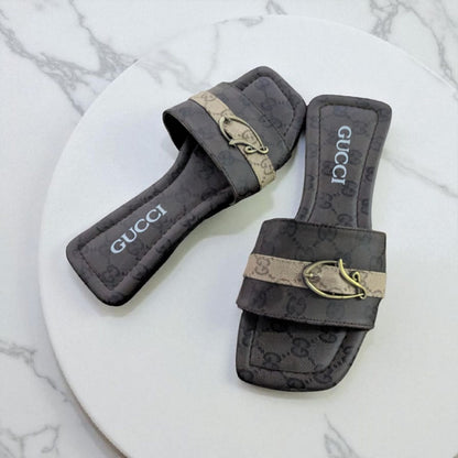 Luxury Monogram Flat Slides for Women – Dark Edition with Signature Buckle
