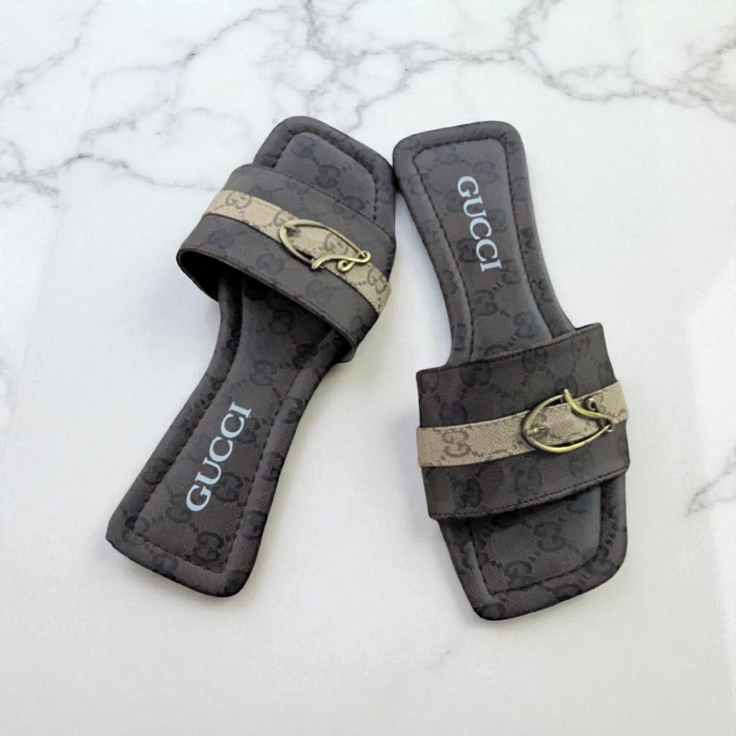 Luxury Monogram Flat Slides for Women – Dark Edition with Signature Buckle